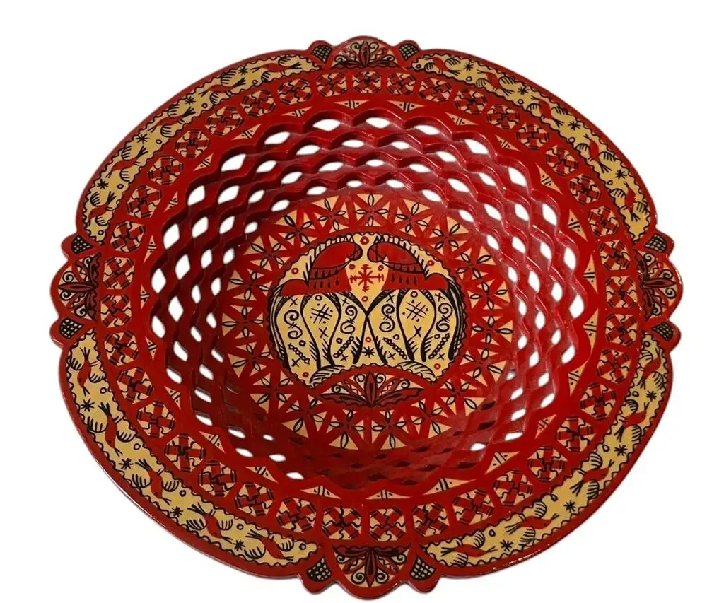 Russian VTG Wooden Dish Shallow Bowl Hand Painted Filigree Horses Folk Art 8.5”